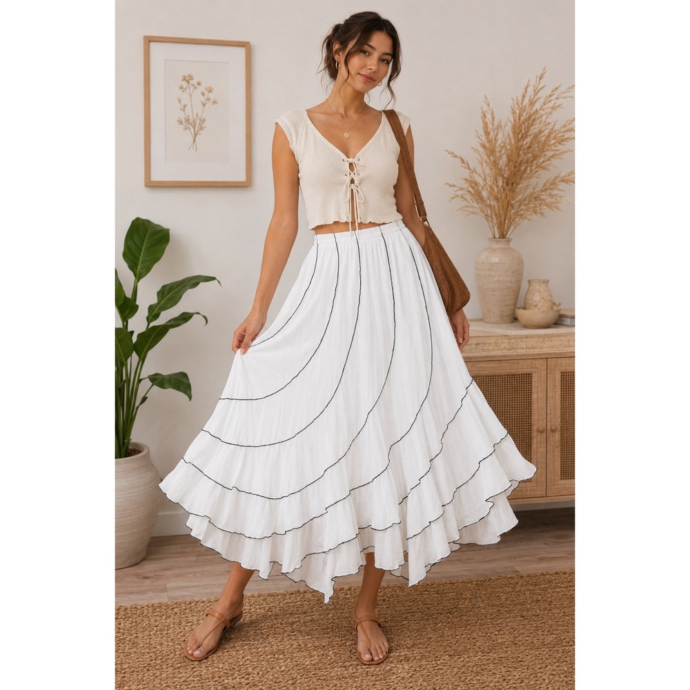 Studio West White Tiered Boho Maxi Skirt Cotton Cottagecore 3X Flowy Coastal